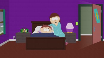 Movie still from “South Park: Joining the Panderverse” (2023), directed by Trey Parker – A woman is helping a boy in bed; Medium shot, Over the shoulder angle