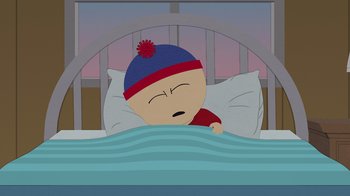 Movie still from “South Park: Joining the Panderverse” (2023), directed by Trey Parker – A character sleeping in a bed with a pillow; Medium shot, High angle