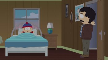 Movie still from “South Park: Joining the Panderverse” (2023), directed by Trey Parker – A man standing next to a bed in a room; Wide shot, High angle