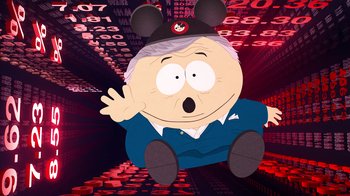 Movie still from “South Park: Joining the Panderverse” (2023), directed by Trey Parker – A cartoon of a man with mickey mouse ears on his head; Medium shot, Low angle