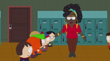 Movie still from “South Park: Joining the Panderverse” (2023), directed by Trey Parker – A group of people standing in front of a woman; Medium shot, Over the shoulder angle
