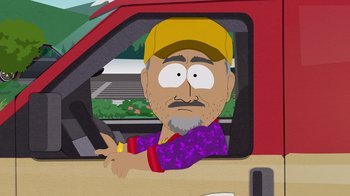 Movie still from “South Park: Joining the Panderverse” (2023), directed by Trey Parker – A cartoon of a man driving a car with his hand on the steering wheel; Medium shot, Over the shoulder angle