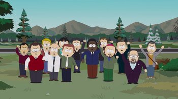 Movie still from “South Park: Joining the Panderverse” (2023), directed by Trey Parker – A group of people that are standing in the grass; Extreme Wide shot, High angle