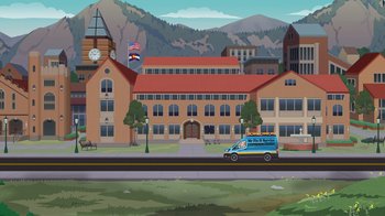 Movie still from “South Park: Joining the Panderverse” (2023), directed by Trey Parker – A van driving down a street near a building; Extreme Wide shot, High angle