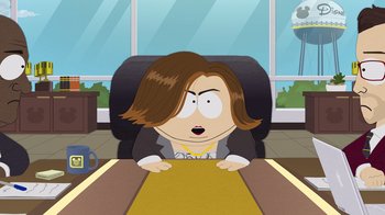 Movie still from “South Park: Joining the Panderverse” (2023), directed by Trey Parker – A woman sitting at a table in front of a window; Medium shot, High angle