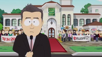 Movie still from “South Park: Joining the Panderverse” (2023), directed by Trey Parker – A man in a suit is standing in front of a crowd; Medium shot, Over the shoulder angle