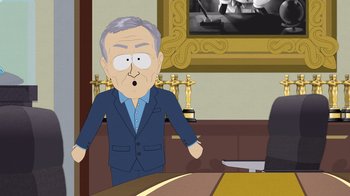 Movie still from “South Park: Joining the Panderverse” (2023), directed by Trey Parker – An old man in a suit is standing in front of a table; Medium shot, High angle