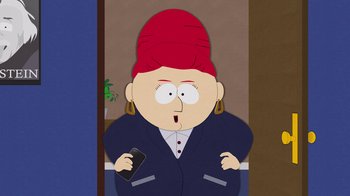 Movie still from “South Park: Joining the Panderverse” (2023), directed by Trey Parker – A woman with a red hat is holding a cell phone; Close Up shot, High angle