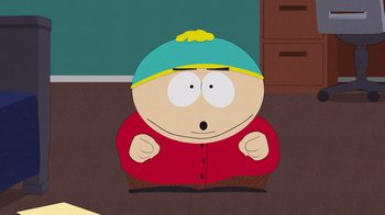Movie still from “South Park: Joining the Panderverse” (2023), directed by Trey Parker – A picture of a character from south park sitting on the floor; Medium shot, High angle