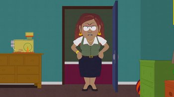 Movie still from “South Park: Joining the Panderverse” (2023), directed by Trey Parker – An image of a woman in front of a door; Medium shot, High angle