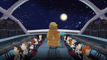 Movie still from “South Park: Joining the Panderverse” (2023), directed by Trey Parker – An illustration of people sitting in a space ship; Wide shot, Over the shoulder angle