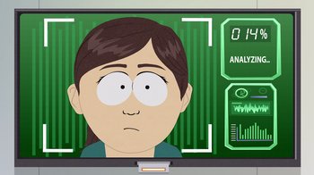 Movie still from “South Park: Joining the Panderverse” (2023), directed by Trey Parker – A computer screen with a cartoon of a man's face; Close Up shot, Over the shoulder angle