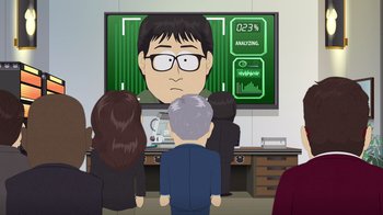 Movie still from “South Park: Joining the Panderverse” (2023), directed by Trey Parker – A group of people in front of a big screen tv; Medium shot, Over the shoulder angle