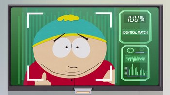 Movie still from “South Park: Joining the Panderverse” (2023), directed by Trey Parker – A computer screen showing a picture of a character; Extreme Close Up shot, High angle