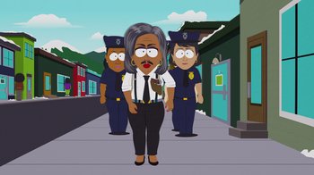 Movie still from “South Park: Joining the Panderverse” (2023), directed by Trey Parker – A woman standing in front of two police officers; Medium shot, Low angle
