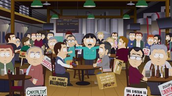 Movie still from “South Park: Joining the Panderverse” (2023), directed by Trey Parker – A group of people sitting at a table with signs; Wide shot, High angle