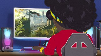 Movie still from “South Park: Joining the Panderverse” (2023), directed by Trey Parker – A person playing a video game on a computer screen; Extreme Wide shot, Over the shoulder angle