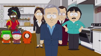 Movie still from “South Park: Joining the Panderverse” (2023), directed by Trey Parker – A group of people standing in a room; Medium shot, High angle