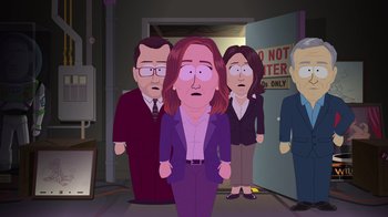 Movie still from “South Park: Joining the Panderverse” (2023), directed by Trey Parker – A group of people standing in front of a door; Medium shot, High angle