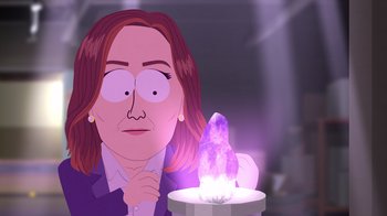 Movie still from “South Park: Joining the Panderverse” (2023), directed by Trey Parker – An animated woman looking at a purple crystal; Medium shot, Over the shoulder angle