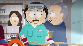 Movie still from “South Park: Joining the Panderverse” (2023), directed by Trey Parker – An image of an animated character and a person; Medium shot, High angle