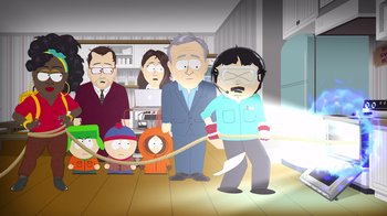 Movie still from “South Park: Joining the Panderverse” (2023), directed by Trey Parker – A group of people standing in a living room; Medium shot, High angle