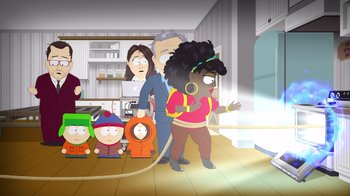 Movie still from “South Park: Joining the Panderverse” (2023), directed by Trey Parker – A group of people standing in a living room; Medium shot, High angle