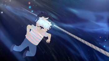 Movie still from “South Park: Joining the Panderverse” (2023), directed by Trey Parker – A cartoon of a boy wearing headphones and a striped shirt; Wide shot, Overhead angle