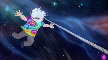 Movie still from “South Park: Joining the Panderverse” (2023), directed by Trey Parker – A cartoon of a kid hanging from a rope; Wide shot, Overhead angle