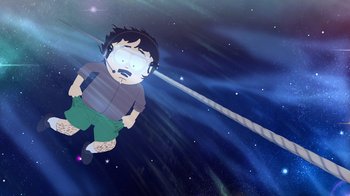 Movie still from “South Park: Joining the Panderverse” (2023), directed by Trey Parker – An animated boy is flying through the sky; Wide shot, Overhead angle