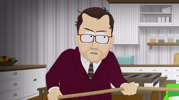 Movie still from “South Park: Joining the Panderverse” (2023), directed by Trey Parker – An animated picture of a man holding a rope; Medium shot, High angle