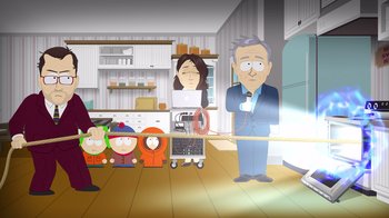 Movie still from “South Park: Joining the Panderverse” (2023), directed by Trey Parker – A group of people standing in a room; Medium shot, High angle