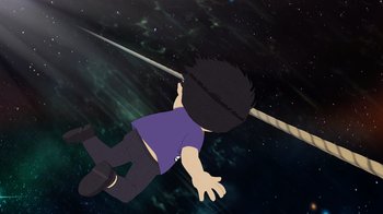 Movie still from “South Park: Joining the Panderverse” (2023), directed by Trey Parker – An animated boy is falling off a rope; Wide shot, Overhead angle