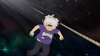 Movie still from “South Park: Joining the Panderverse” (2023), directed by Trey Parker – A picture of a cartoon character in a purple t - shirt; Wide shot, Overhead angle