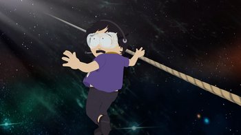 Movie still from “South Park: Joining the Panderverse” (2023), directed by Trey Parker – An animated character is swinging on a rope; Medium shot, Overhead angle