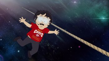 Movie still from “South Park: Joining the Panderverse” (2023), directed by Trey Parker – A picture of a person hanging from a rope; Medium shot, Overhead angle