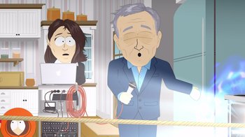 Movie still from “South Park: Joining the Panderverse” (2023), directed by Trey Parker – An old man is holding a knife in front of an old woman; Medium shot, Overhead angle