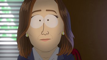 Movie still from “South Park: Joining the Panderverse” (2023), directed by Trey Parker – A cartoon of a woman with a sad look on her face; Close Up shot, Over the shoulder angle