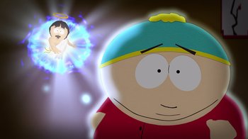 Movie still from “South Park: Joining the Panderverse” (2023), directed by Trey Parker – A picture of a character from south park and an angel; Medium shot, High angle
