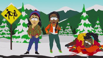 Movie still from “South Park: Joining the Panderverse” (2023), directed by Trey Parker – Two women standing next to each other in front of trees; Medium shot, High angle