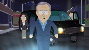 Movie still from “South Park: Joining the Panderverse” (2023), directed by Trey Parker – An old man in a suit and a young woman in a dress; Medium shot, Over the shoulder angle