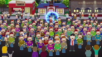 Movie still from “South Park: Joining the Panderverse” (2023), directed by Trey Parker – A crowd of people standing in front of a building; Wide shot, High angle