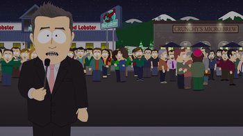 Movie still from “South Park: Joining the Panderverse” (2023), directed by Trey Parker – A large group of people standing in front of a building; Medium shot, Over the shoulder angle