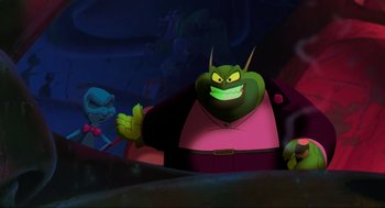 Movie still from “Space Jam” (1996), directed by Joe Pytka – A cartoon of a person with a big green face; Medium shot, Low angle