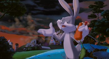 Movie still from “Space Jam” (1996), directed by Joe Pytka – A rabbit holding a cell phone in front of a building; Medium shot, Low angle