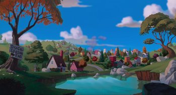 Movie still from “Space Jam” (1996), directed by Joe Pytka – An animated picture of a small town with a lake; Extreme Wide shot, High angle