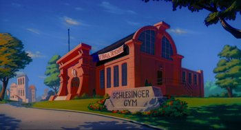 Movie still from “Space Jam” (1996), directed by Joe Pytka – A painting of a building with a sign on the front of the building; Extreme Wide shot, Low angle