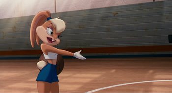 Movie still from “Space Jam” (1996), directed by Joe Pytka – A cartoon character is standing on a basketball court; Medium shot, Over the shoulder angle