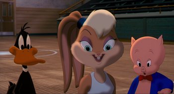 Movie still from “Space Jam” (1996), directed by Joe Pytka – A cartoon character with a basketball court in the background; Close Up shot, High angle