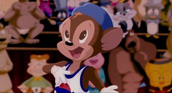 Movie still from “Space Jam” (1996), directed by Joe Pytka – A picture of a cartoon character that is smiling for the camera; Close Up shot, Low angle